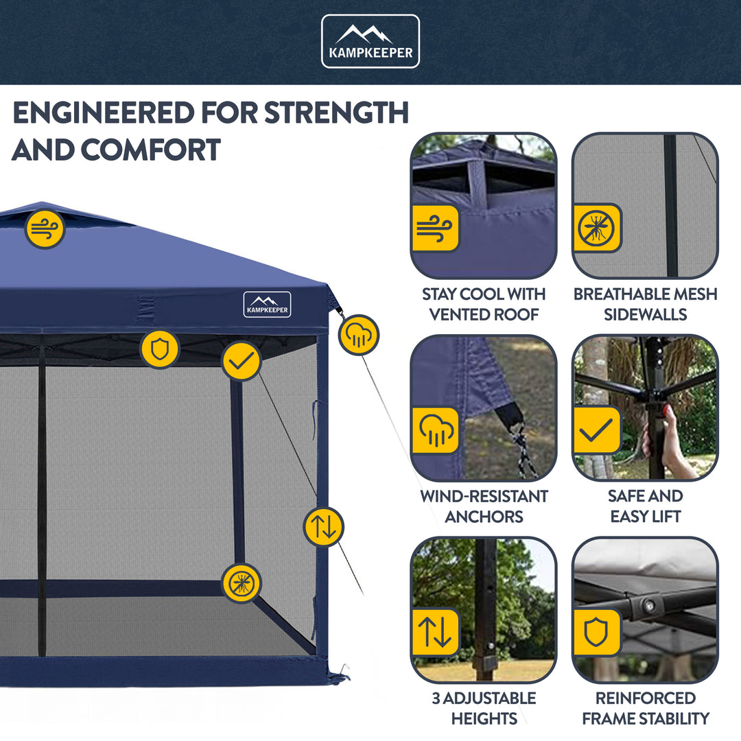 KAMPKEEPER 10x10 Pop Up Canopy Tent w/Netting, Sun Shade, Navy Blue (Open Box) - VMInnovations