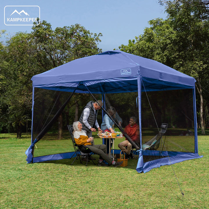 KAMPKEEPER 10x10 Pop Up Canopy Tent with Netting, Outdoor Sun Shade, Navy Blue - VMInnovations