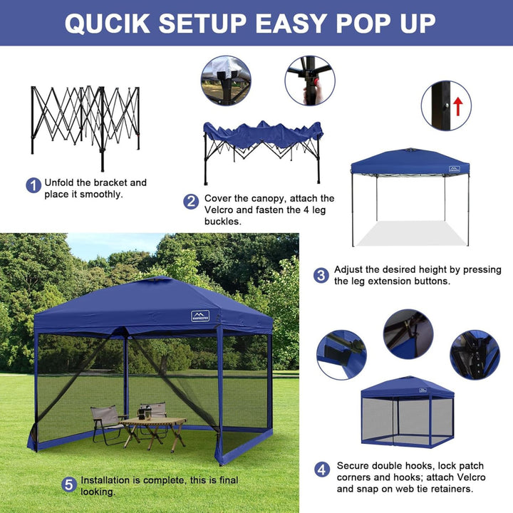 KAMPKEEPER 10x10 Pop Up Canopy Tent with Netting, Outdoor Sun Shade, Navy Blue