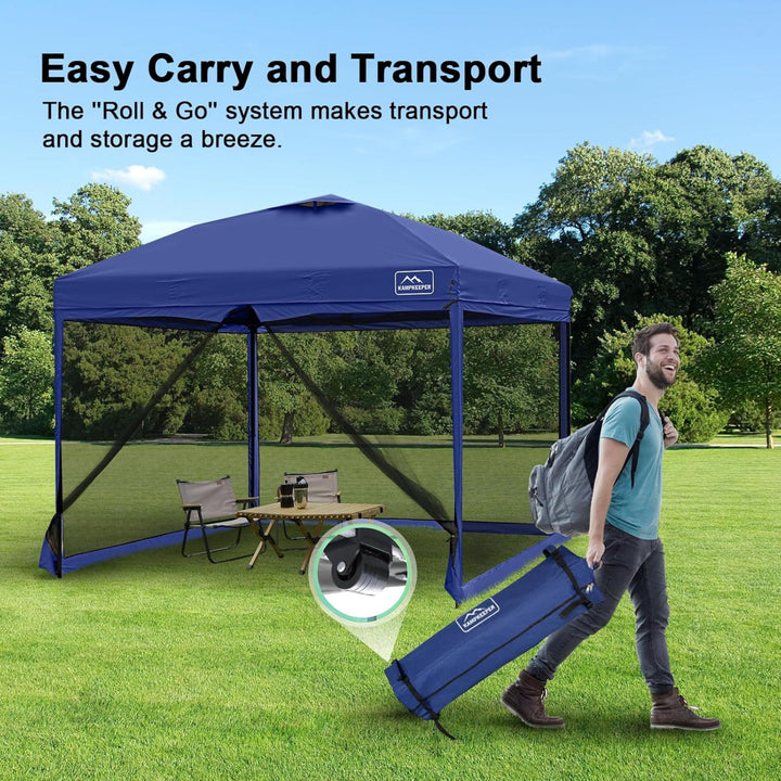 KAMPKEEPER 10x10 Pop Up Canopy Tent with Netting, Outdoor Sun Shade, Navy Blue