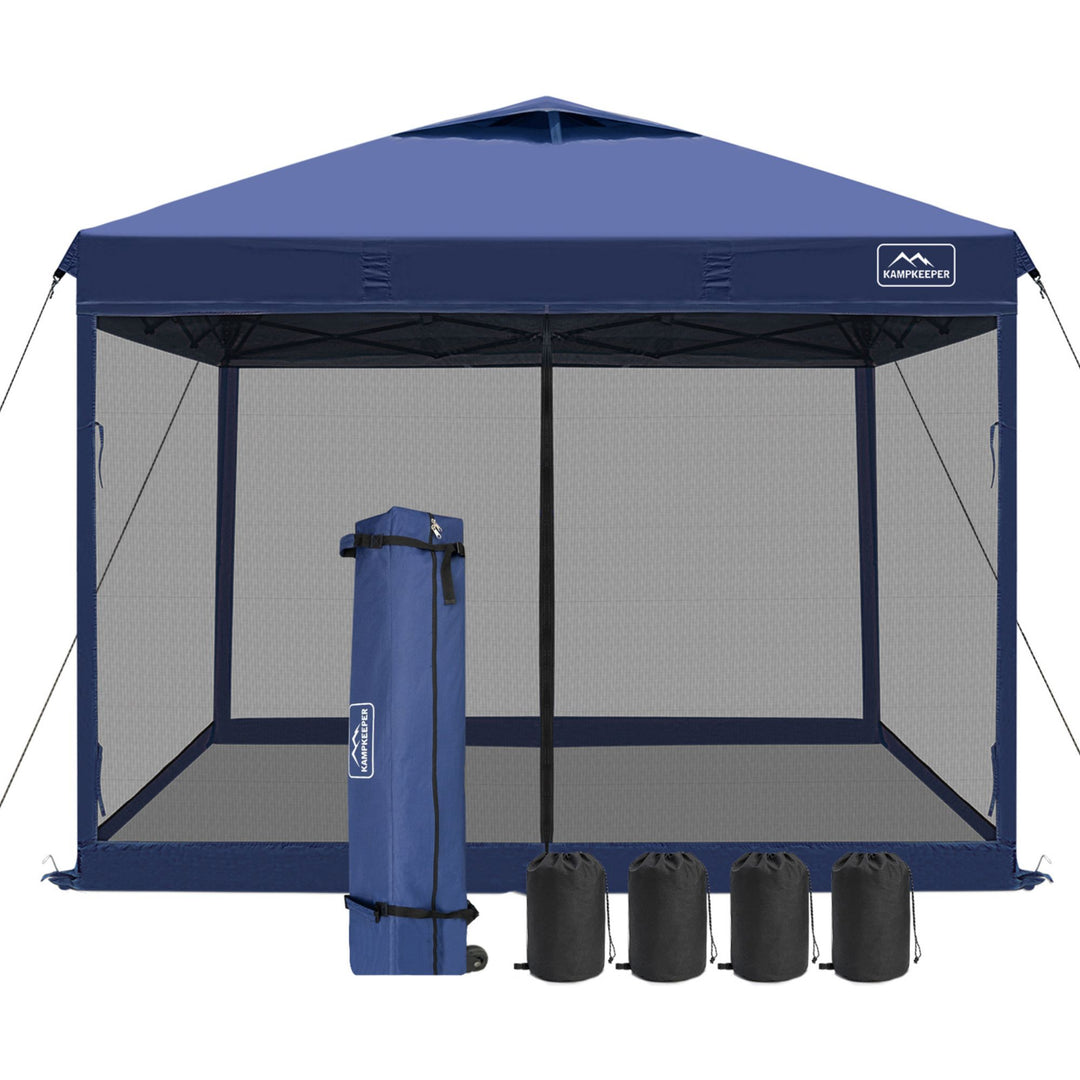 KAMPKEEPER 10x10 Pop Up Canopy Tent w/Netting, Sun Shade, Navy Blue (Open Box) - VMInnovations