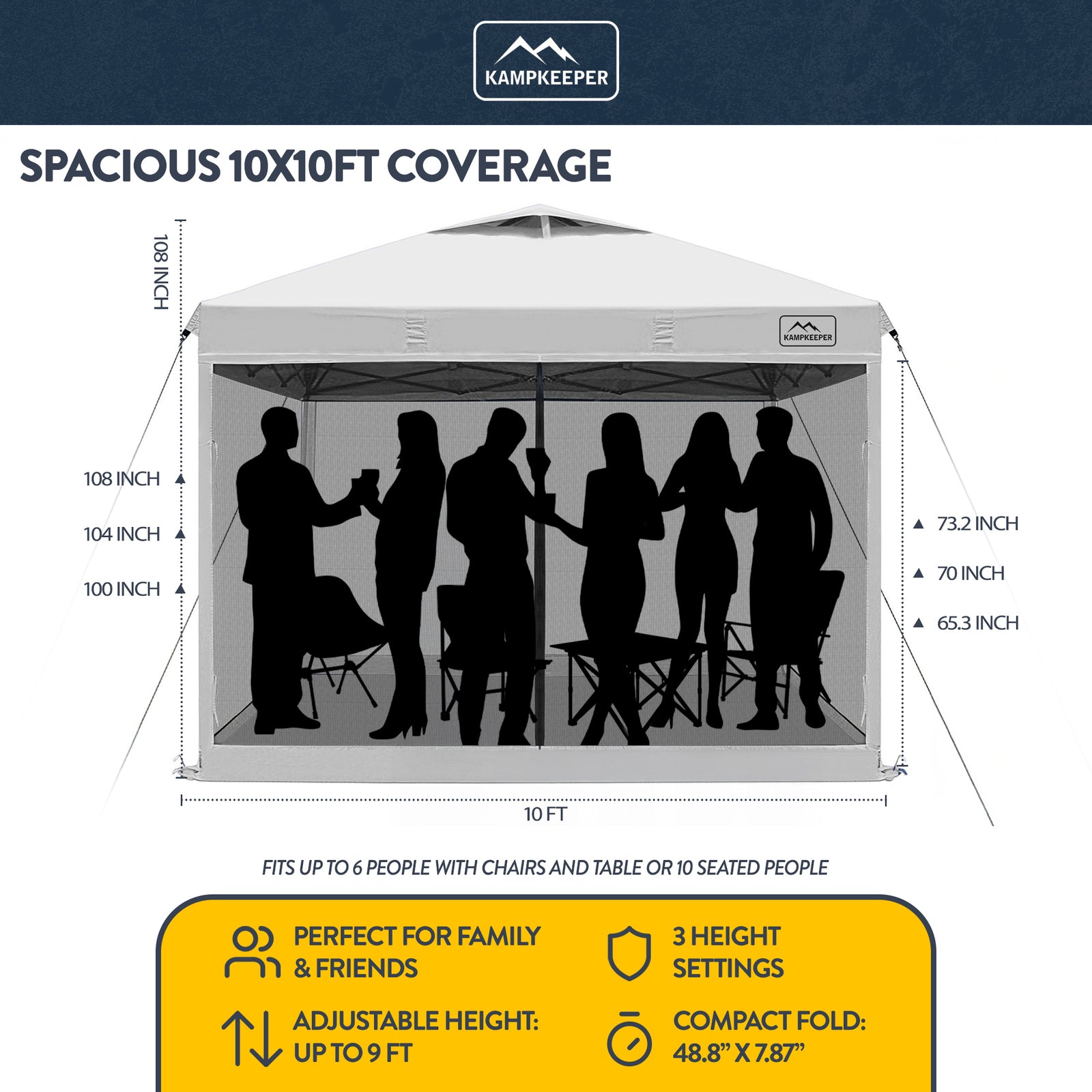 KAMPKEEPER 10x10 Pop Up Canopy Tent with Netting, Outdoor Sun Shade, White - VMInnovations