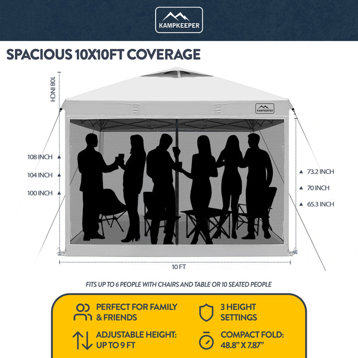 KAMPKEEPER 10x10 Pop Up Canopy Tent with Netting, Outdoor Sun Shade, White - VMInnovations