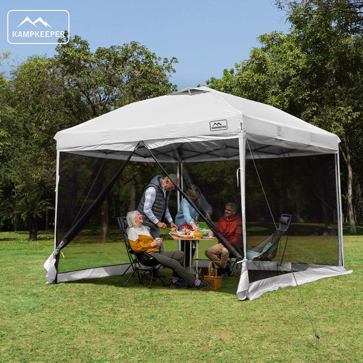 KAMPKEEPER 10x10 Pop Up Canopy Tent with Netting, Outdoor Sun Shade, White - VMInnovations