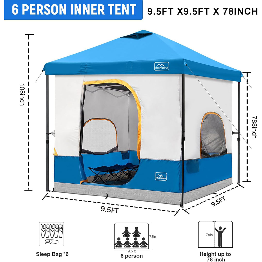 KAMPKEEPER 10x10 Pop Up Canopy w/ Camping Inner Tent, Fits 6 Person, Light Blue