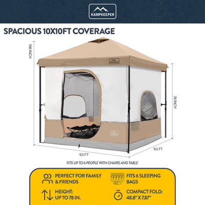 KAMPKEEPER 10x10 Pop Up Canopy with Camping Inner Tent, Fits 6 Person, (Used)