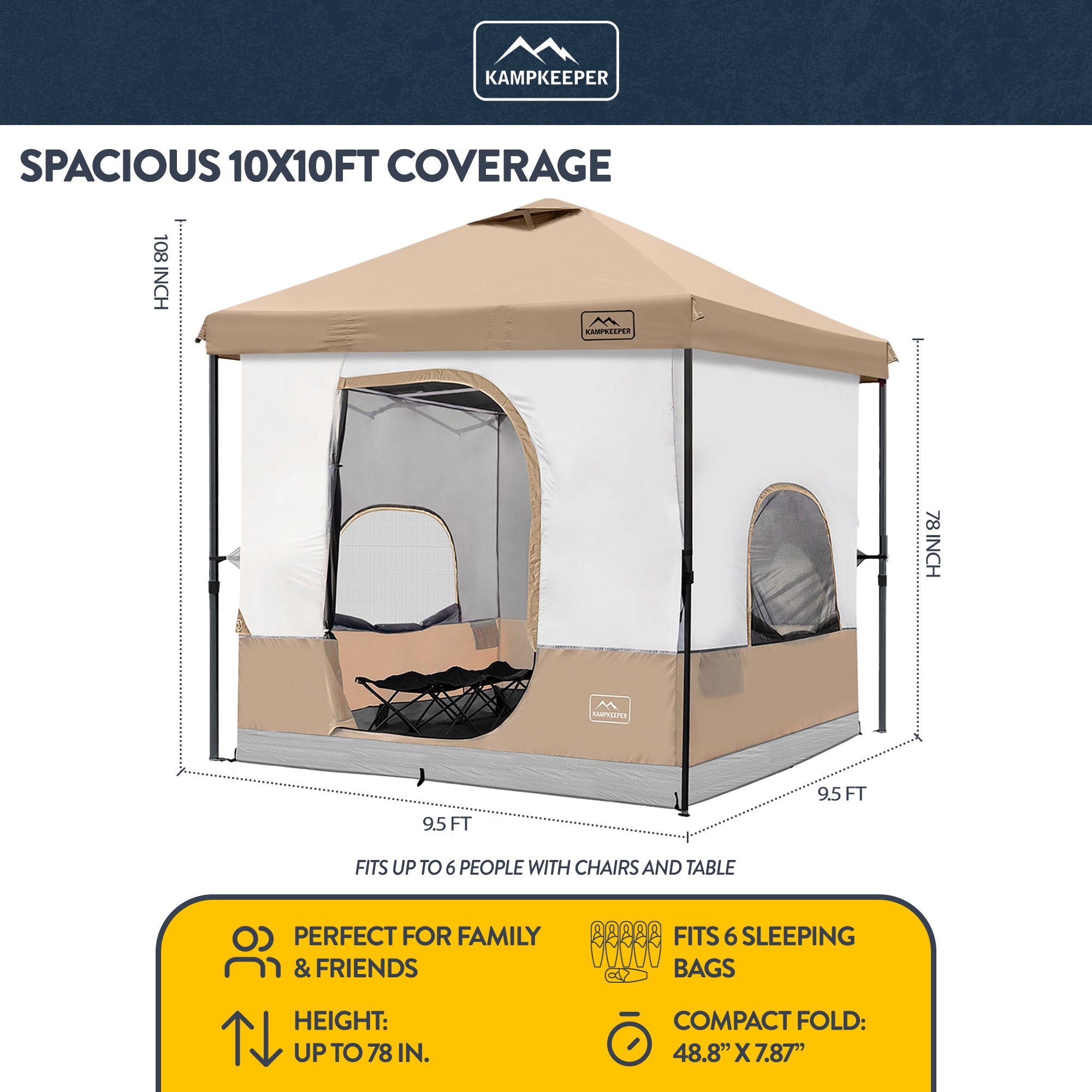 KAMPKEEPER 10x10 Pop Up Canopy with Camping Inner Tent, Fits 6 Person, (Used)