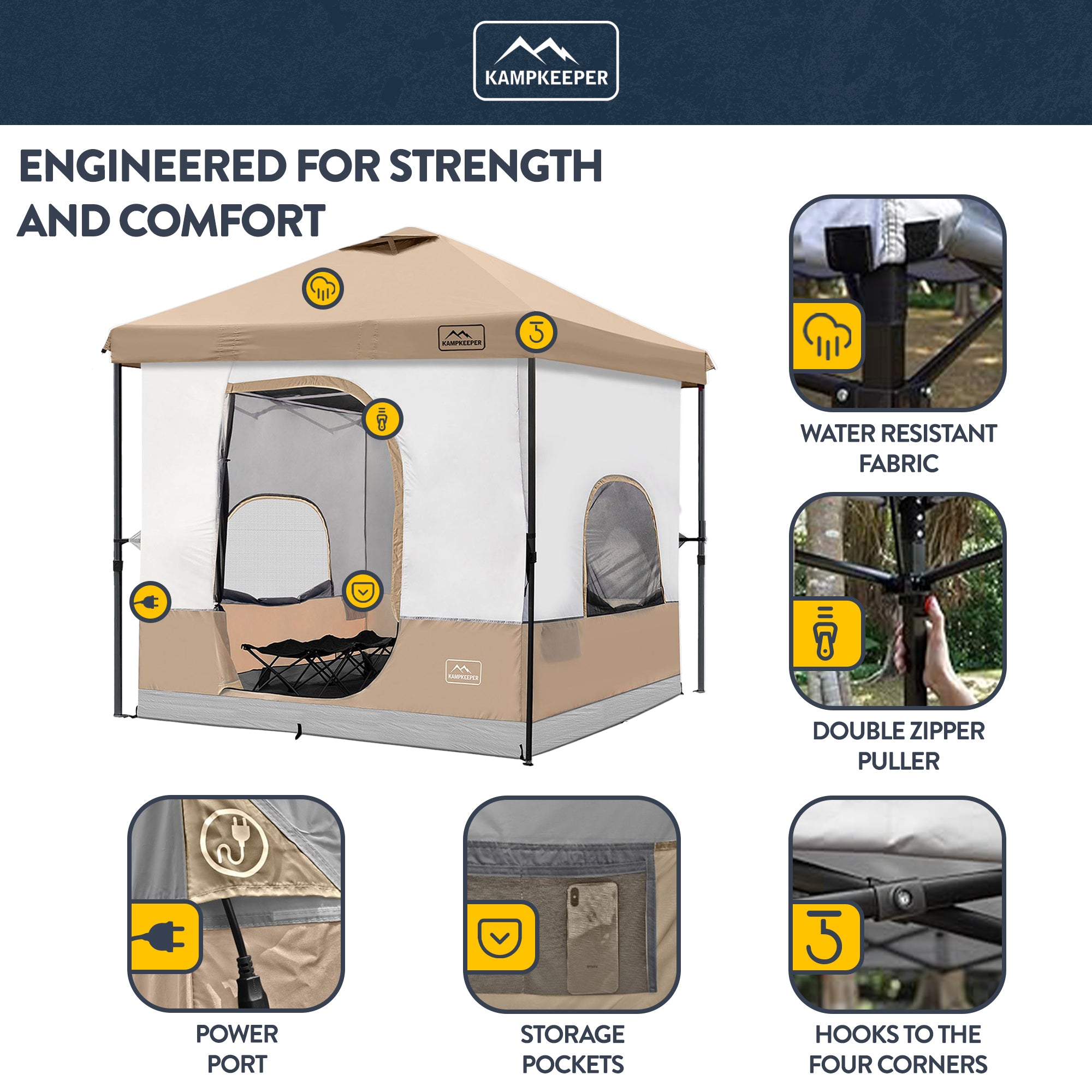 KAMPKEEPER 10x10 Pop Up Canopy with Camping Inner Tent, Fits 6 Person, (Used)