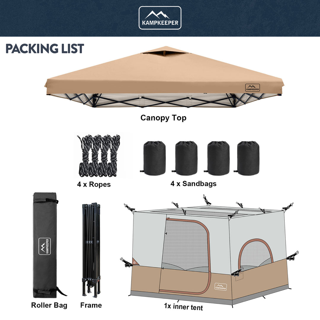KAMPKEEPER 10x10 Pop Up Canopy with Camping Inner Tent, Fits 6 Person, Khaki