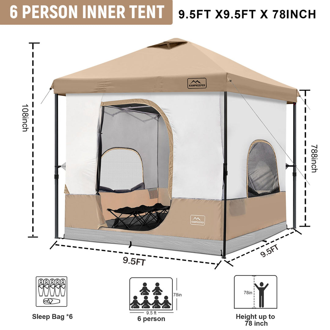 KAMPKEEPER 10x10 Pop Up Canopy with Camping Inner Tent, Fits 6 Person, Khaki