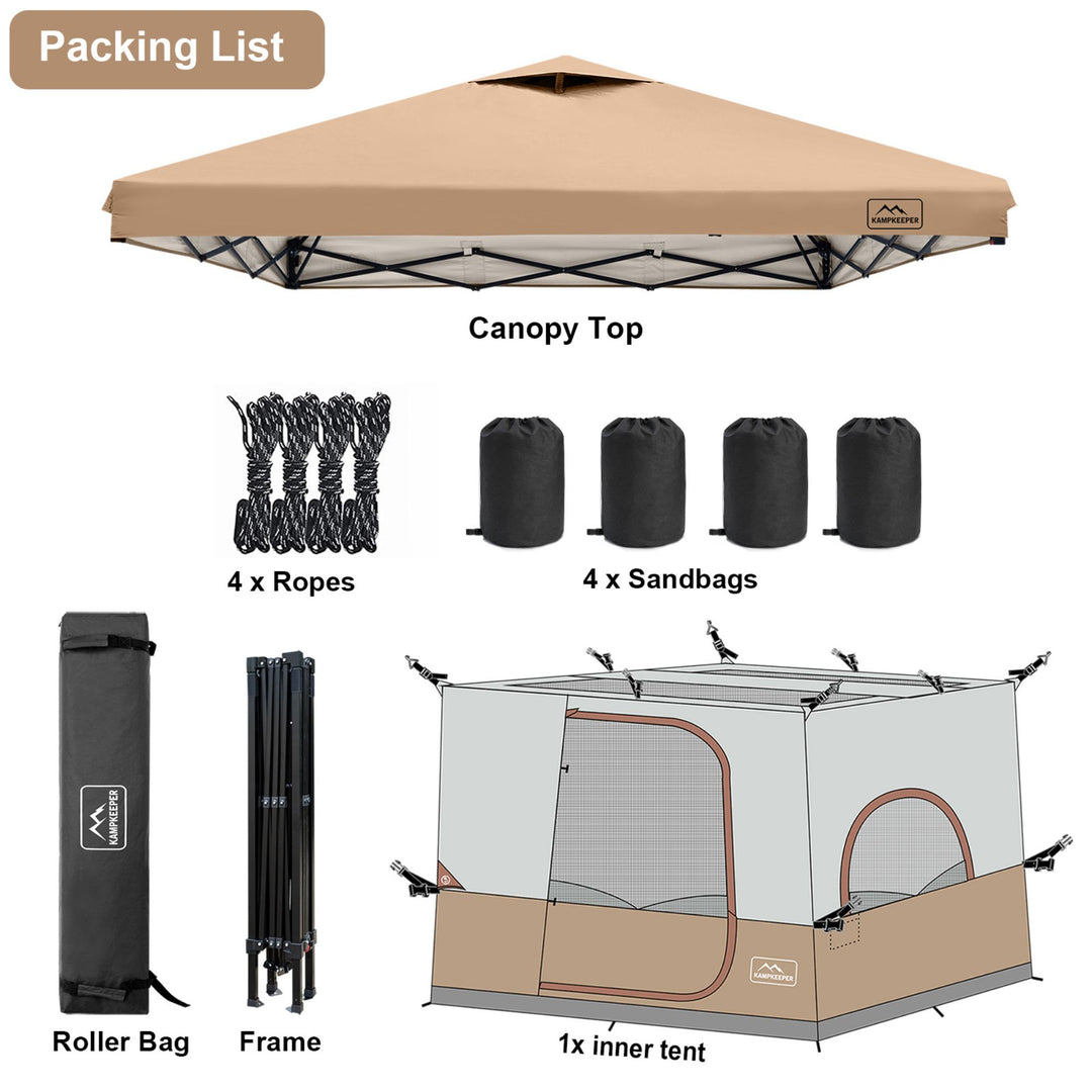 KAMPKEEPER 10x10 Pop Up Canopy with Camping Inner Tent, Fits 6 Person, Khaki