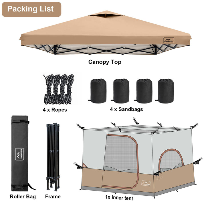 KAMPKEEPER 10x10 Pop Up Canopy with Camping Inner Tent, Fits 6 Person, Khaki