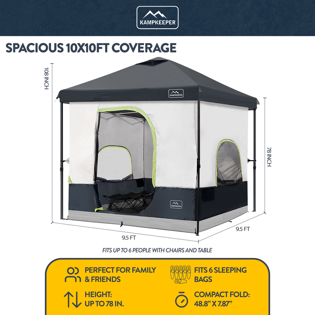 KAMPKEEPER 10x10 Pop Up Canopy w/Camping Inner Tent, 6 Person, Black (Open Box)