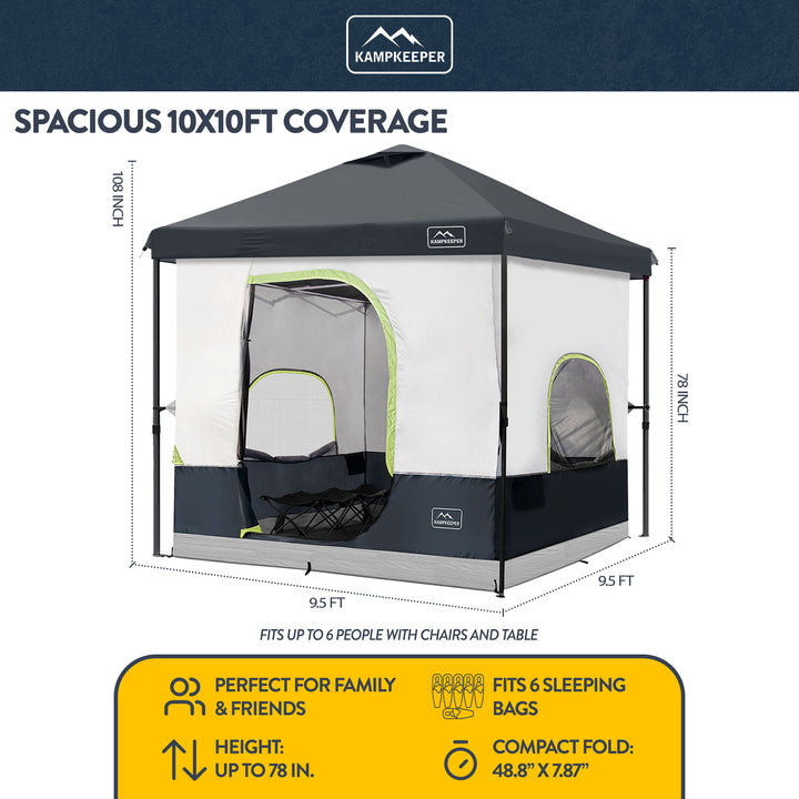 KAMPKEEPER 10x10 Pop Up Canopy w/Camping Inner Tent, 6 Person, Black (Open Box)