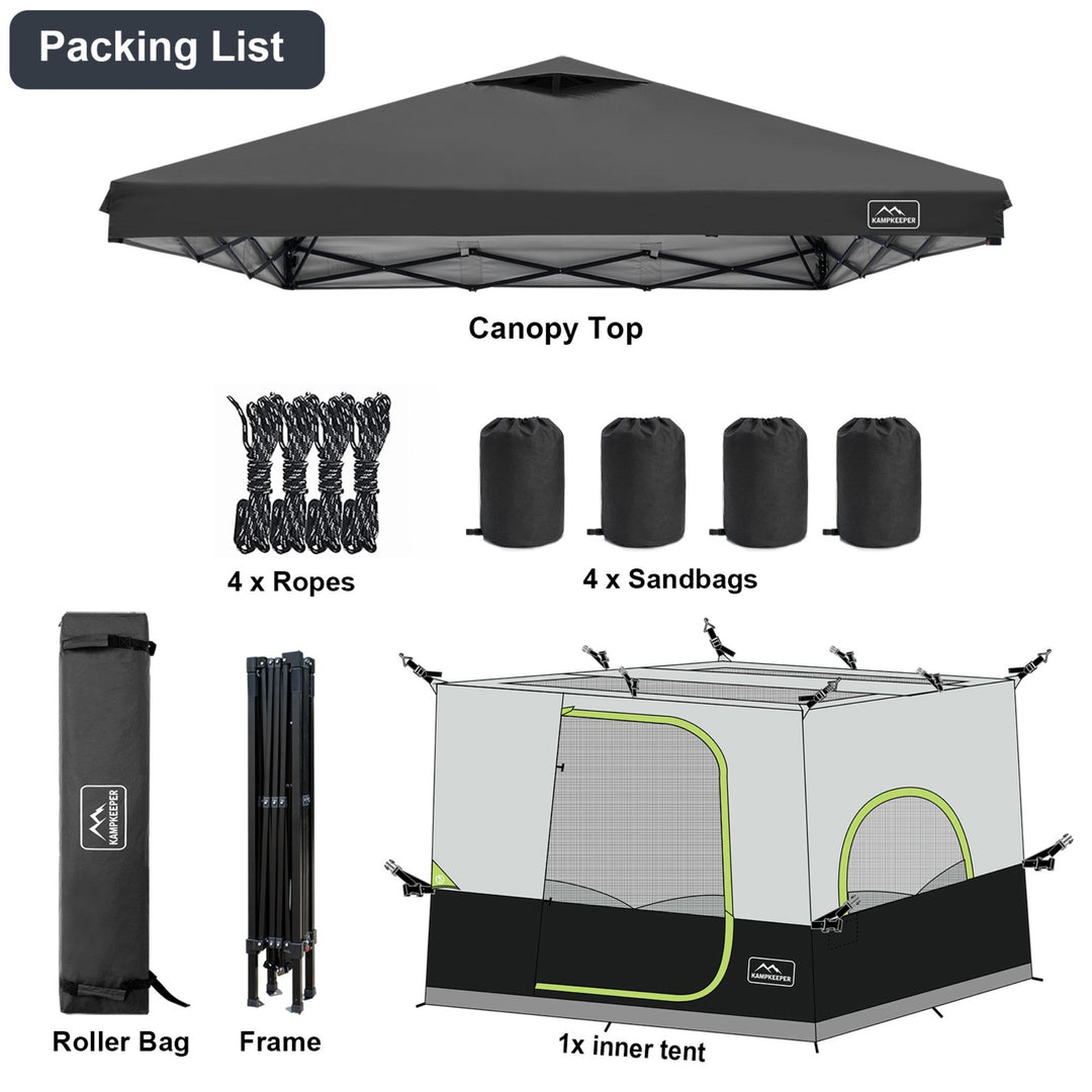 KAMPKEEPER 10x10 Pop Up Canopy with Camping Inner Tent, Fits 6 Person, Black