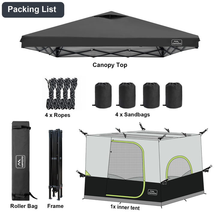 KAMPKEEPER 10x10 Pop Up Canopy with Camping Inner Tent, Fits 6 Person, Black
