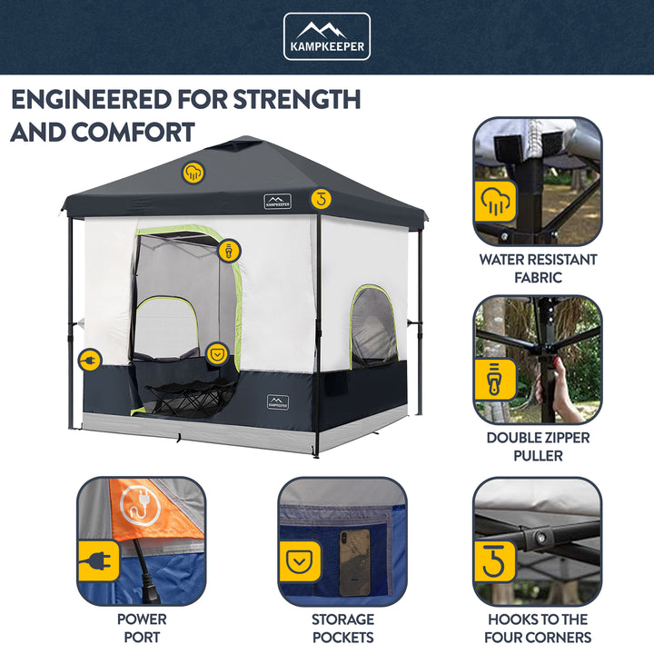 KAMPKEEPER 10x10 Pop Up Canopy w/Camping Inner Tent, 6 Person, Black (Open Box)