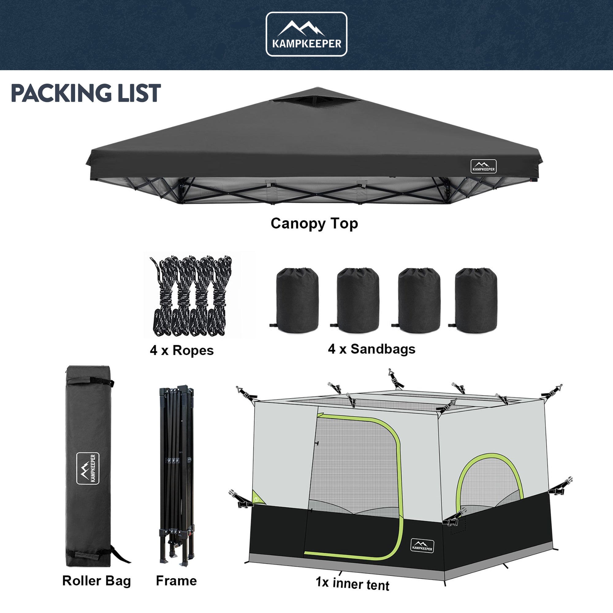 KAMPKEEPER 10x10 Pop Up Canopy w/Camping Inner Tent, 6 Person, Black (Open Box) - VMInnovations