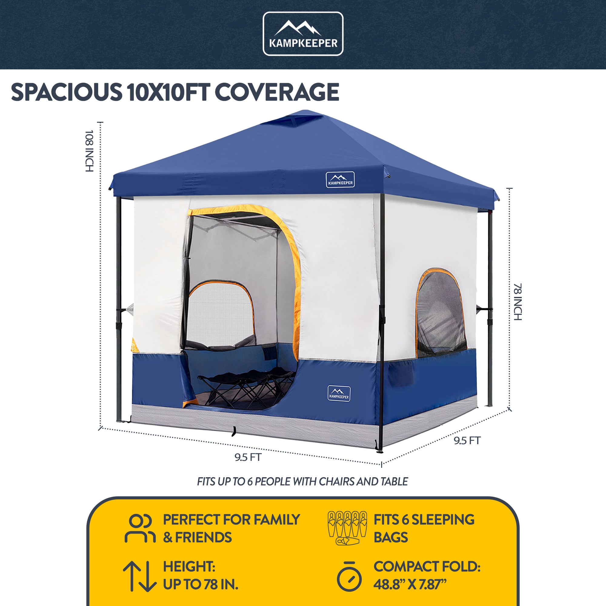 KAMPKEEPER 10x10 Pop Up Canopy with Camping Inner Tent, Fits 6 Person (Open Box)