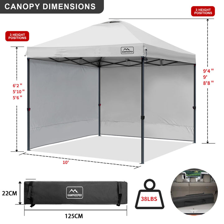 KAMPKEEPER 10x10 Pop Up Canopy Tent with 2 Sidewalls for Outdoor Use, White