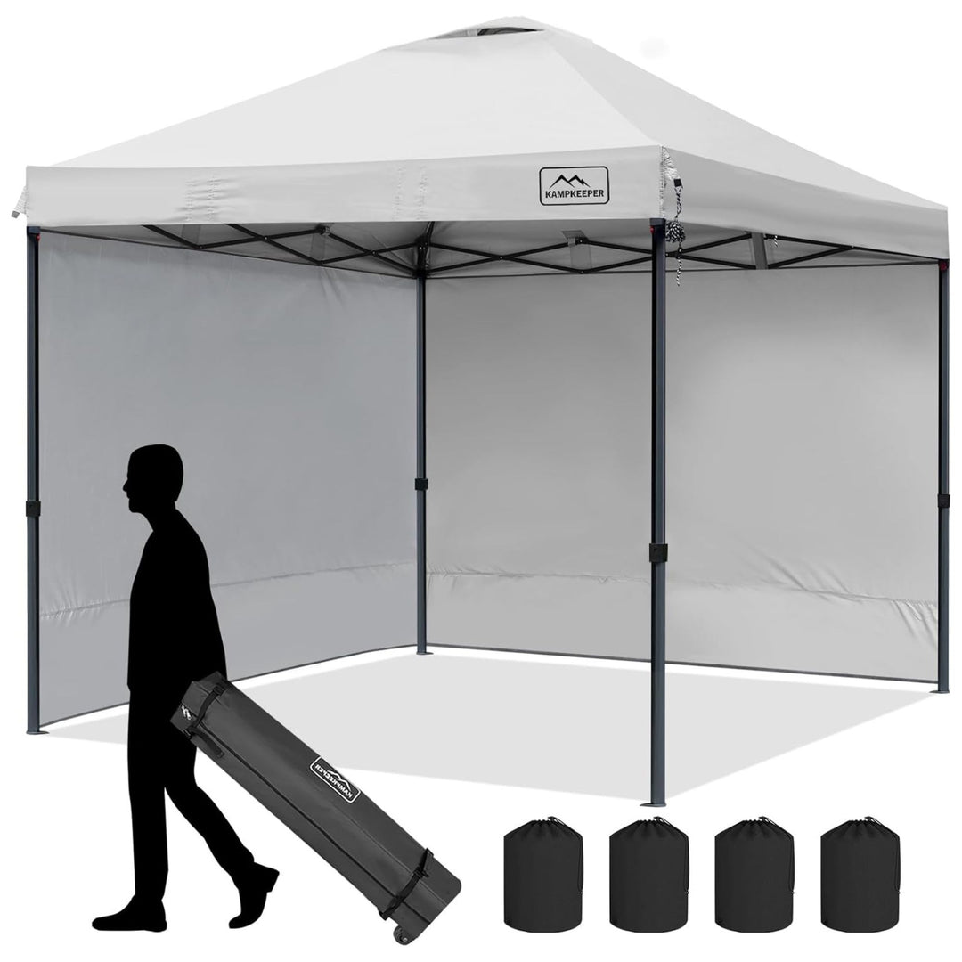 KAMPKEEPER 10x10 Pop Up Canopy Tent with 2 Sidewalls for Outdoor Use, White