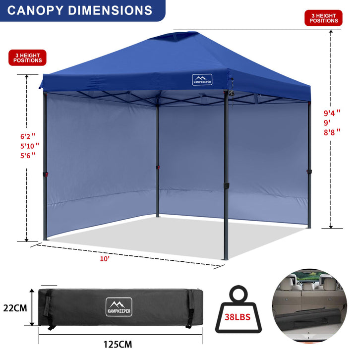 KAMPKEEPER 10x10 Pop Up Canopy Tent with 2 Sidewalls for Outdoor Use, Navy Blue