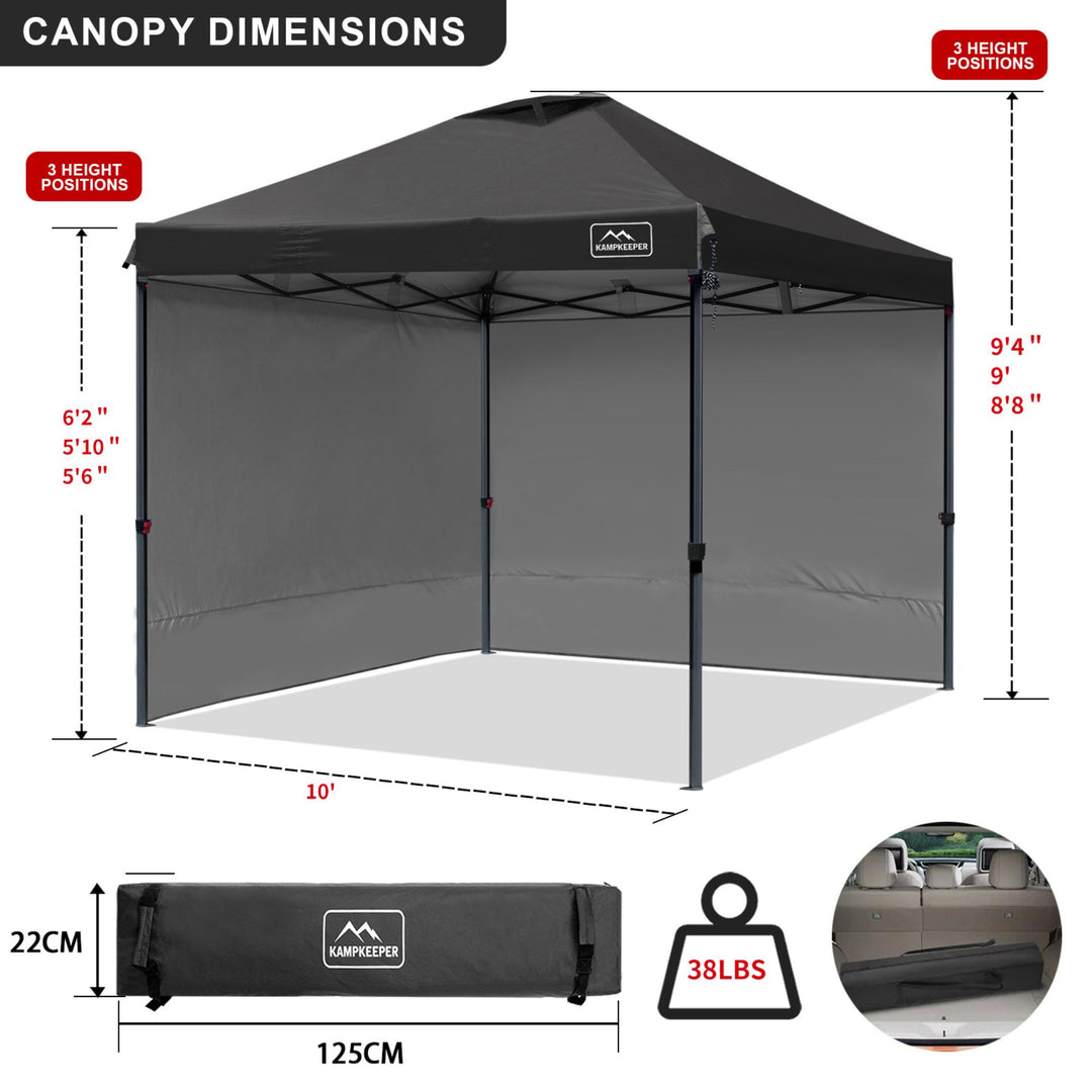 KAMPKEEPER 10x10 Pop Up Canopy Tent with 2 Sidewalls for Outdoor Use, Black