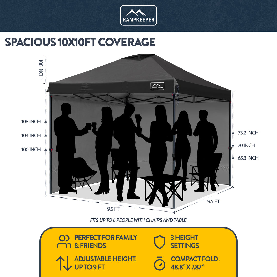 KAMPKEEPER 10x10 Pop Up Canopy Tent with 2 Sidewalls for Outdoor Use, Black - VMInnovations