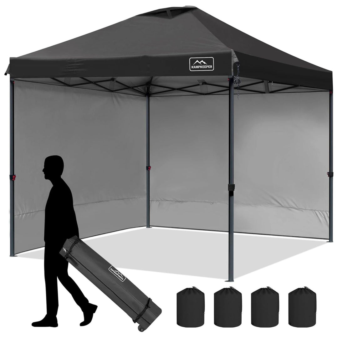 KAMPKEEPER 10x10 Pop Up Canopy Tent with 2 Sidewalls for Outdoor Use, Black