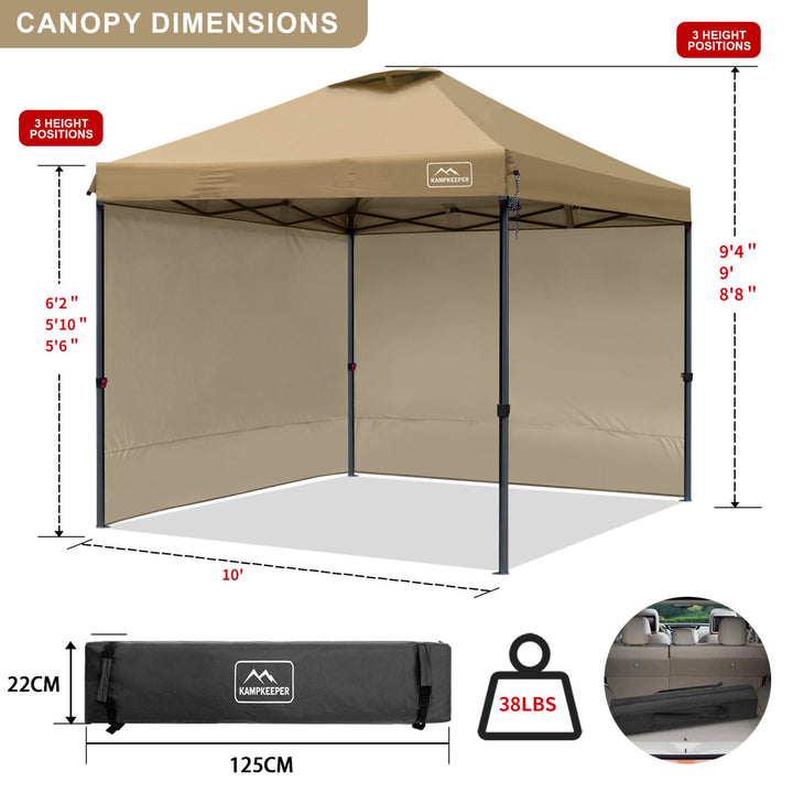 KAMPKEEPER 10x10 Pop Up Canopy Tent with 2 Sidewalls for Outdoor Use, Khaki
