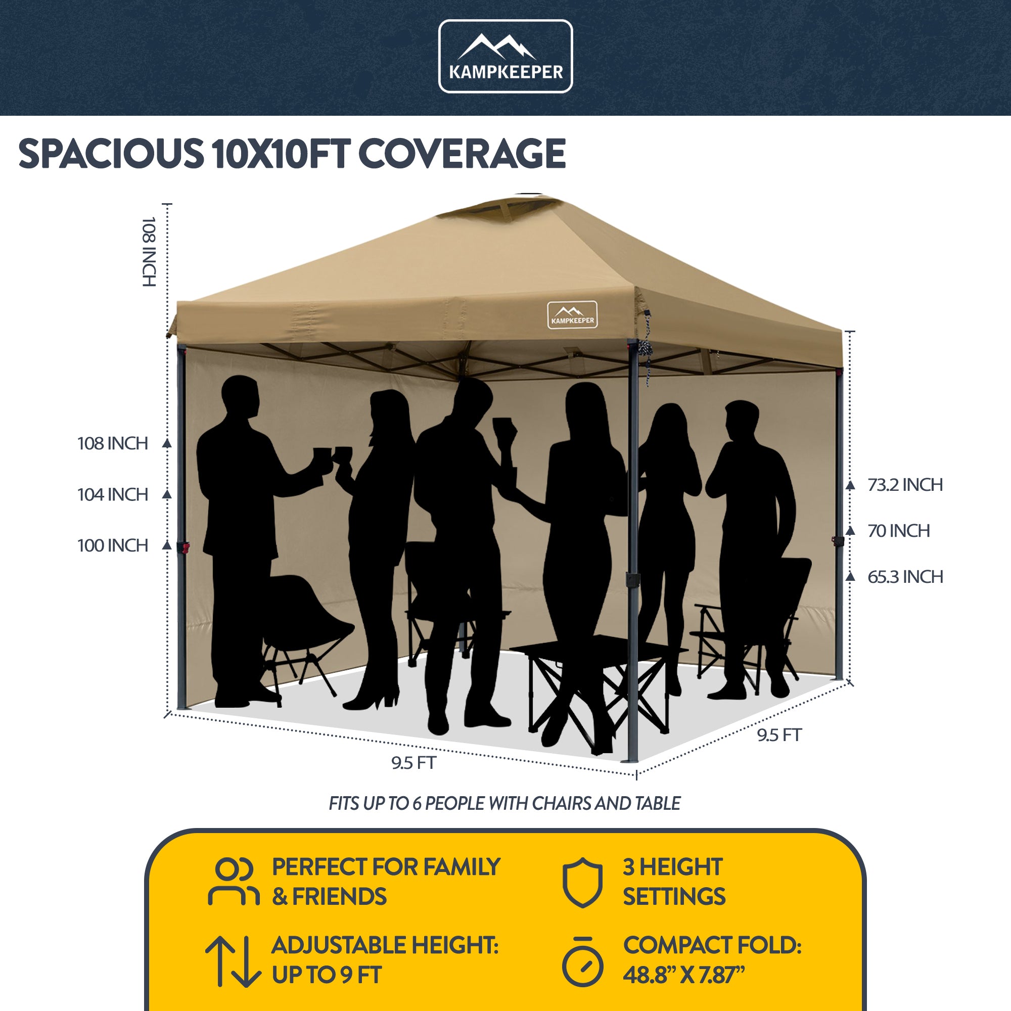 KAMPKEEPER 10x10 Pop Up Canopy Tent with 2 Sidewalls for Outdoor Use, Khaki