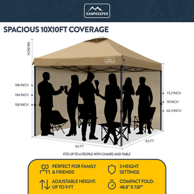 KAMPKEEPER 10x10 Pop Up Canopy Tent with 2 Sidewalls for Outdoor Use, Khaki