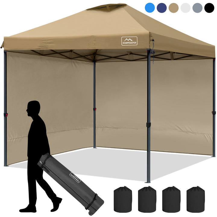 KAMPKEEPER 10x10 Pop Up Canopy Tent with 2 Sidewalls for Outdoor Use, Khaki