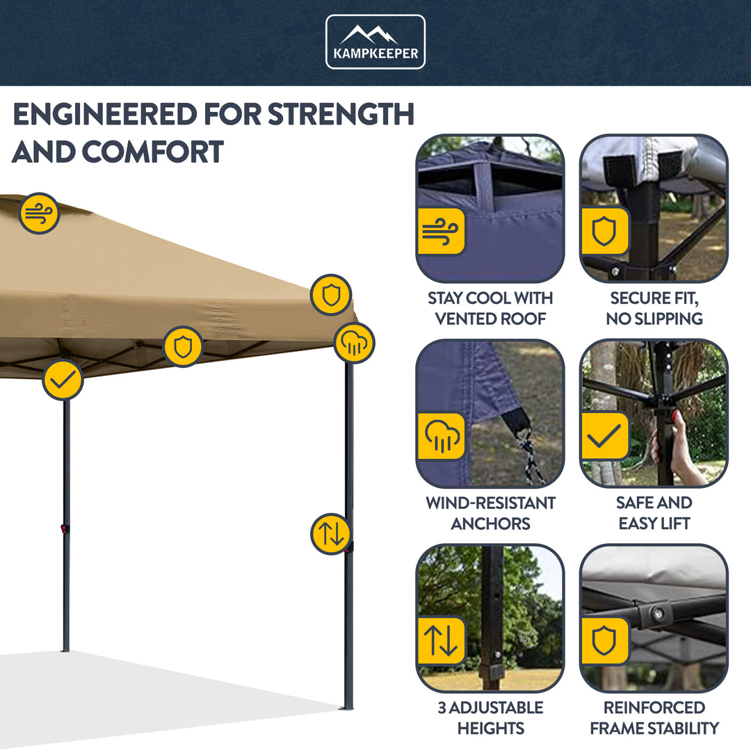 KAMPKEEPER 10x10 Pop Up Canopy w/2 Sidewalls for Outdoor Use, Khaki (Open Box) - VMInnovations