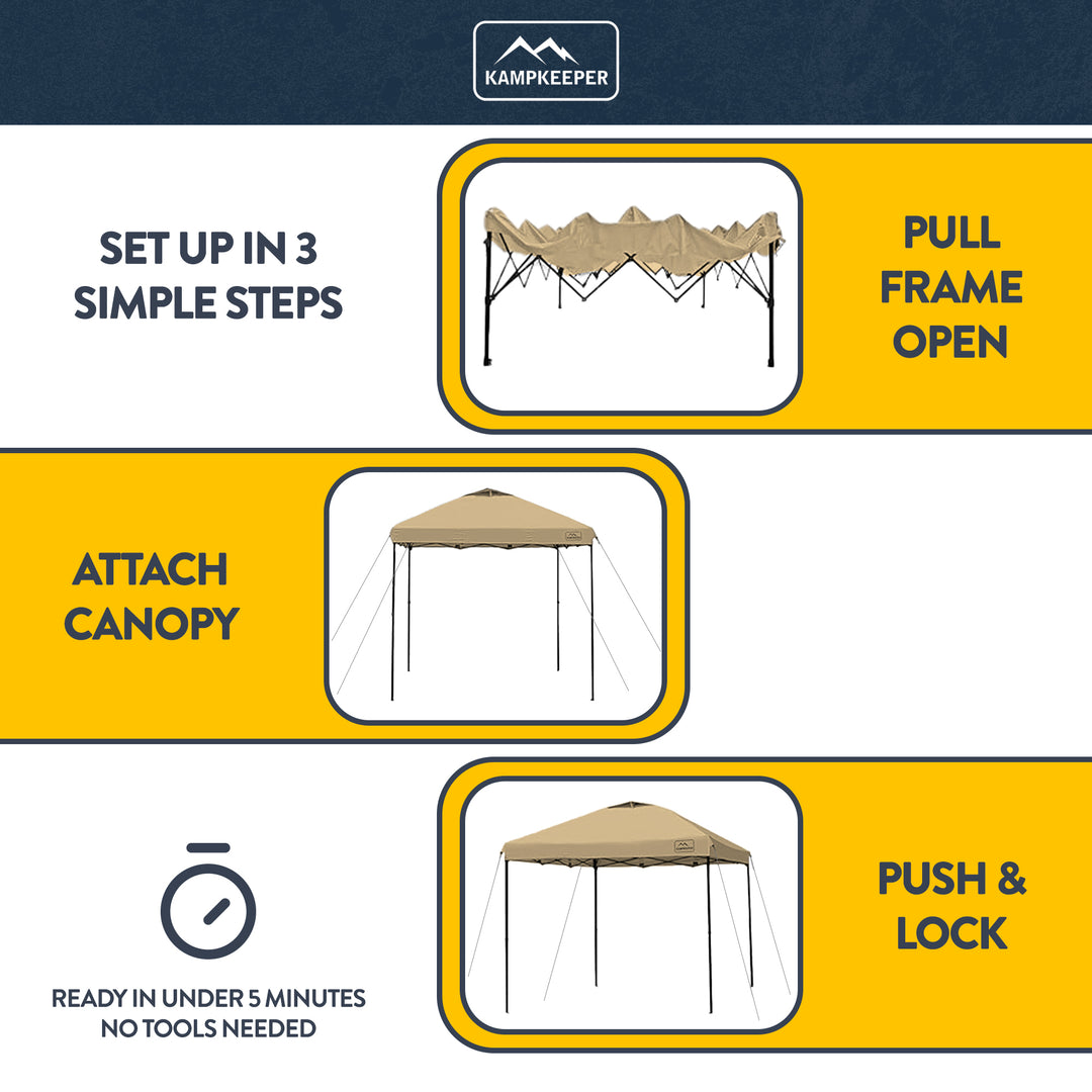 KAMPKEEPER 10x10 Pop Up Canopy w/2 Sidewalls for Outdoor Use, Khaki (Open Box) - VMInnovations