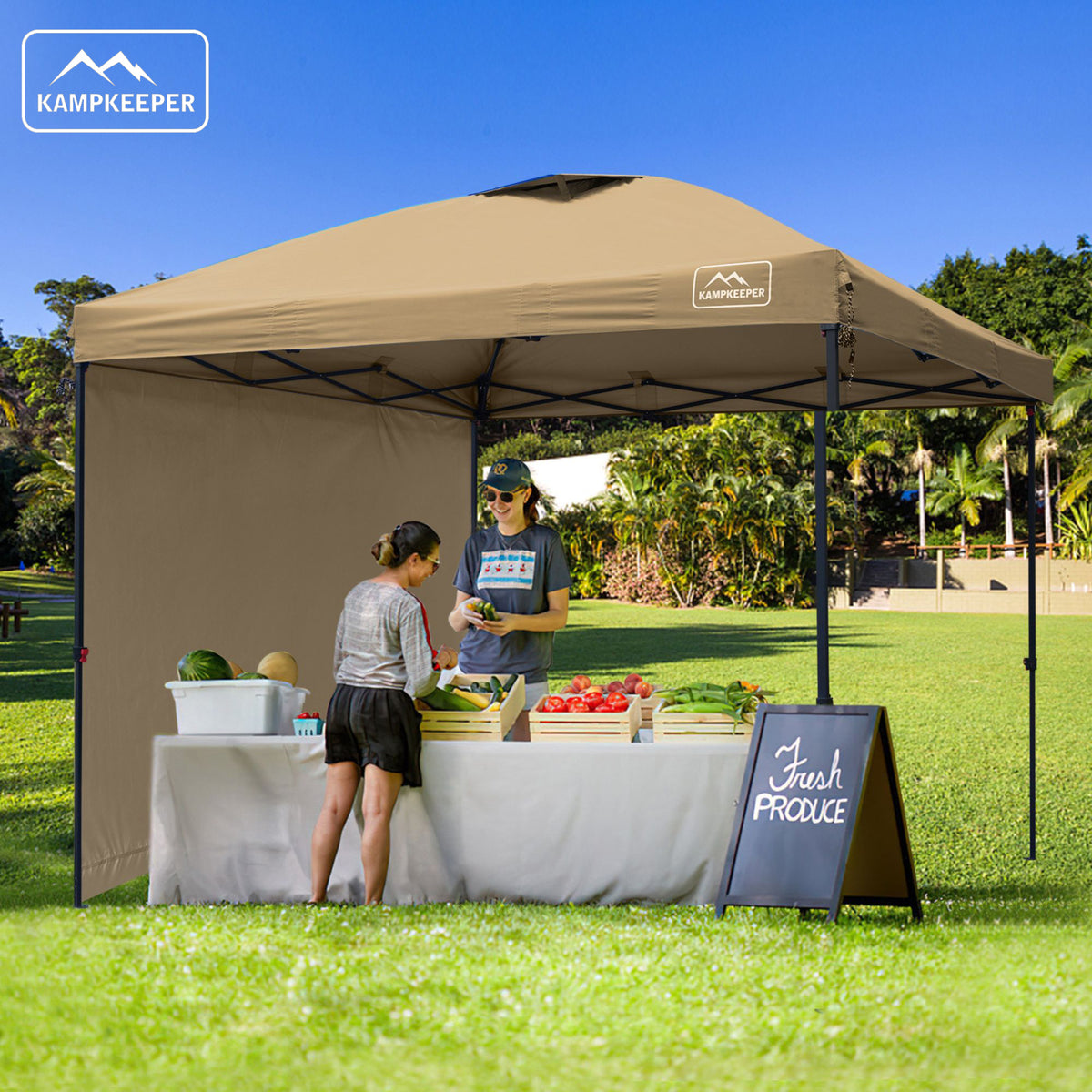KAMPKEEPER 10x10 Pop Up Canopy w/2 Sidewalls for Outdoor Use, Khaki (Open Box)