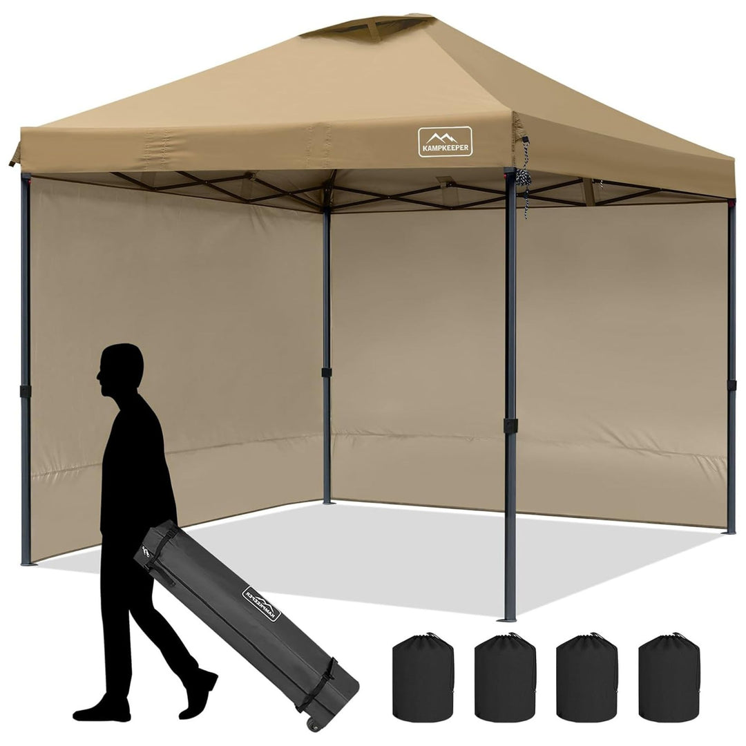 KAMPKEEPER 10x10 Pop Up Canopy w/2 Sidewalls for Outdoor Use, Khaki (Open Box)