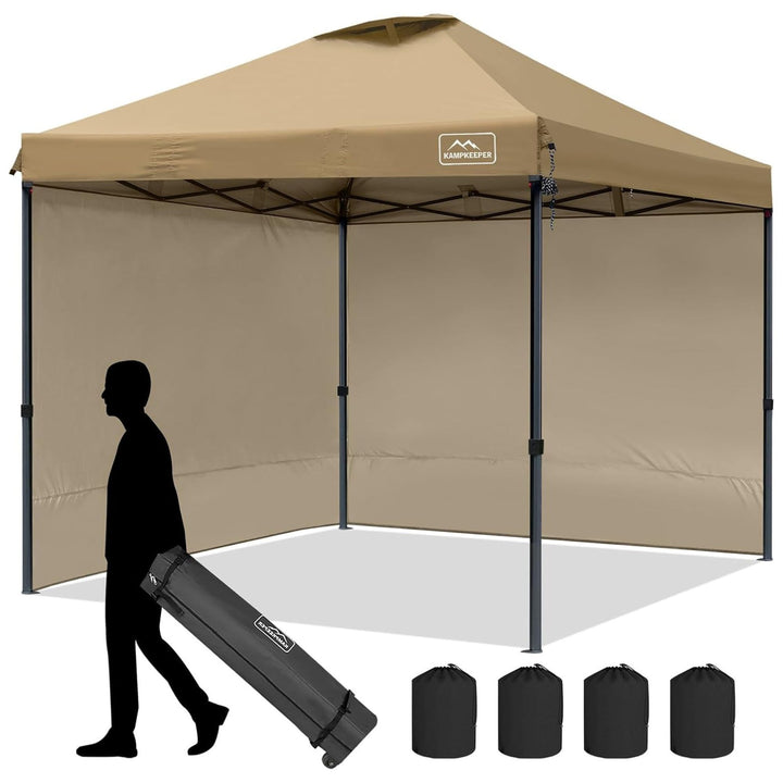 KAMPKEEPER 10x10 Pop Up Canopy w/2 Sidewalls for Outdoor Use, Khaki (Open Box)
