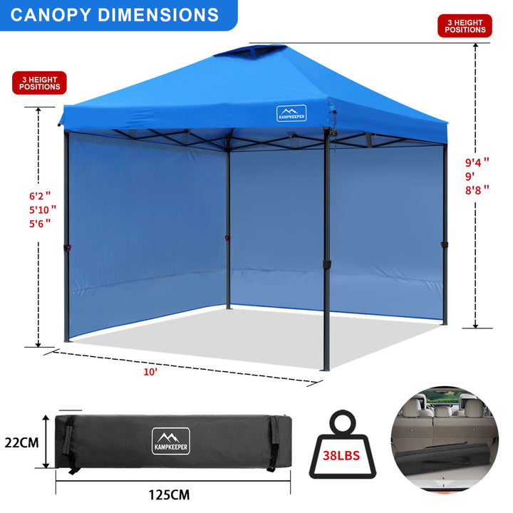 KAMPKEEPER 10x10 Pop Up Canopy Tent with 2 Sidewalls for Outdoor Use, Blue