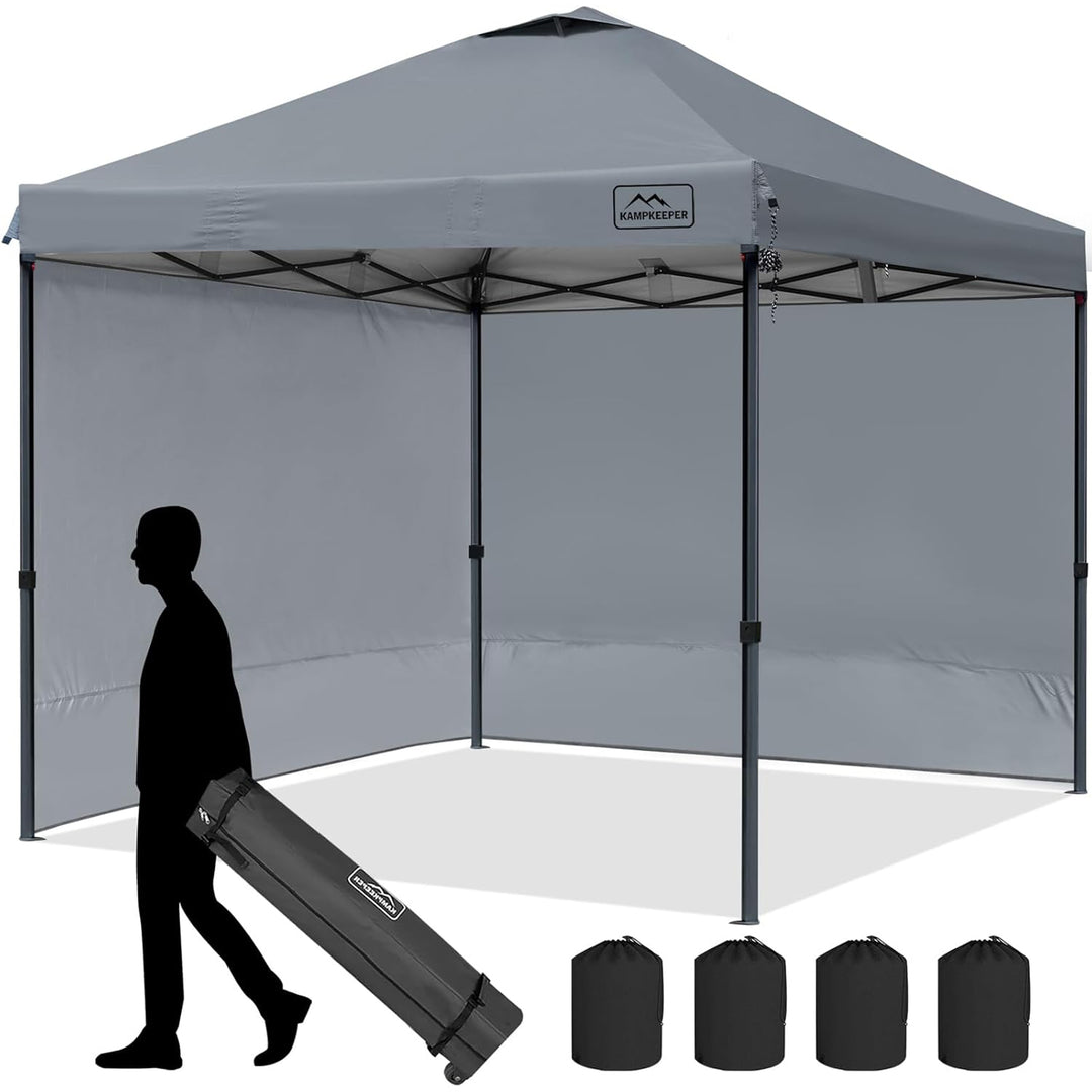 KAMPKEEPER 10x10 Pop Up Canopy Tent with 2 Sidewalls for Outdoor Use, Grey