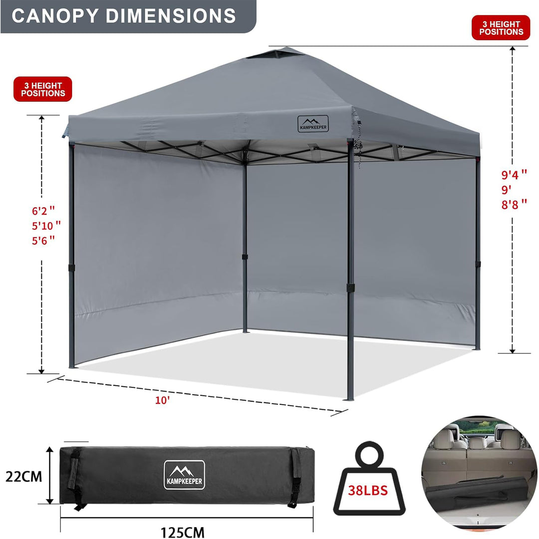 KAMPKEEPER 10x10 Pop Up Canopy Tent with 2 Sidewalls for Outdoor Use, Grey