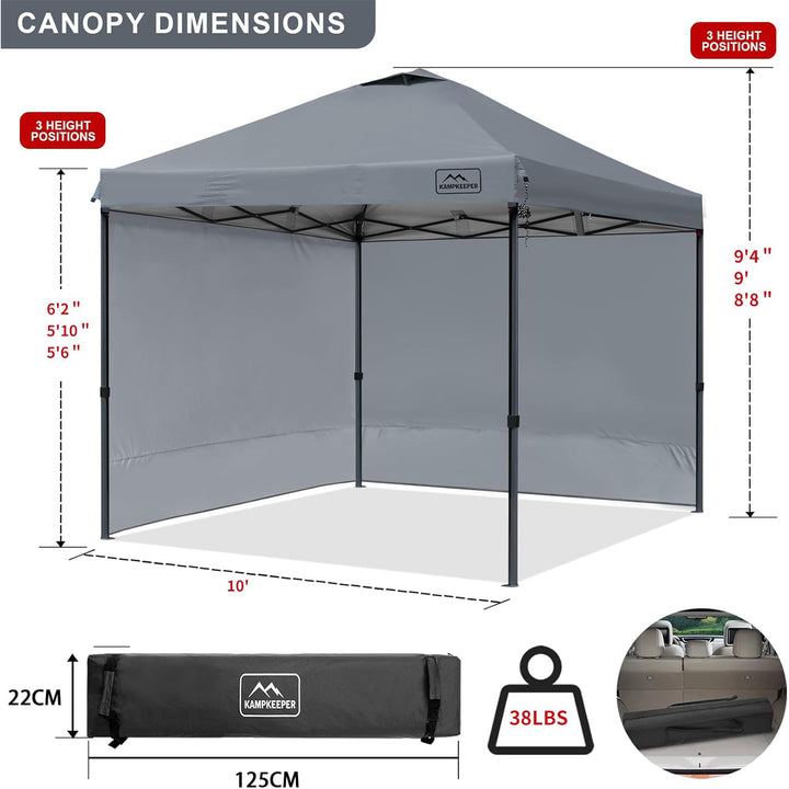 KAMPKEEPER 10x10 Pop Up Canopy Tent with 2 Sidewalls for Outdoor Use, Grey
