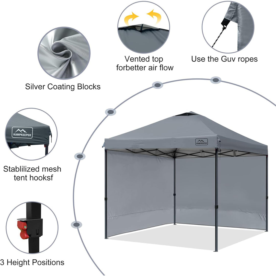 KAMPKEEPER 10x10 Pop Up Canopy Tent with 2 Sidewalls for Outdoor Use, Grey