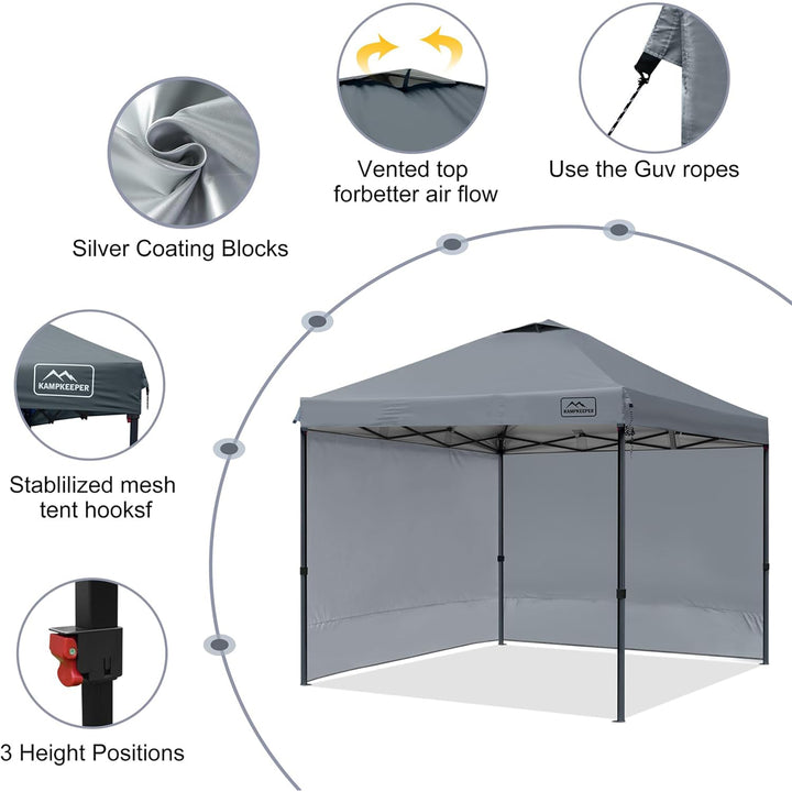 KAMPKEEPER 10x10 Pop Up Canopy Tent with 2 Sidewalls for Outdoor Use, Grey