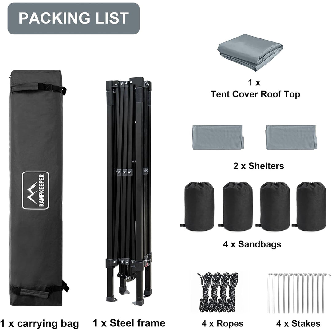 KAMPKEEPER 10x10 Pop Up Canopy Tent with 2 Sidewalls for Outdoor Use, Grey