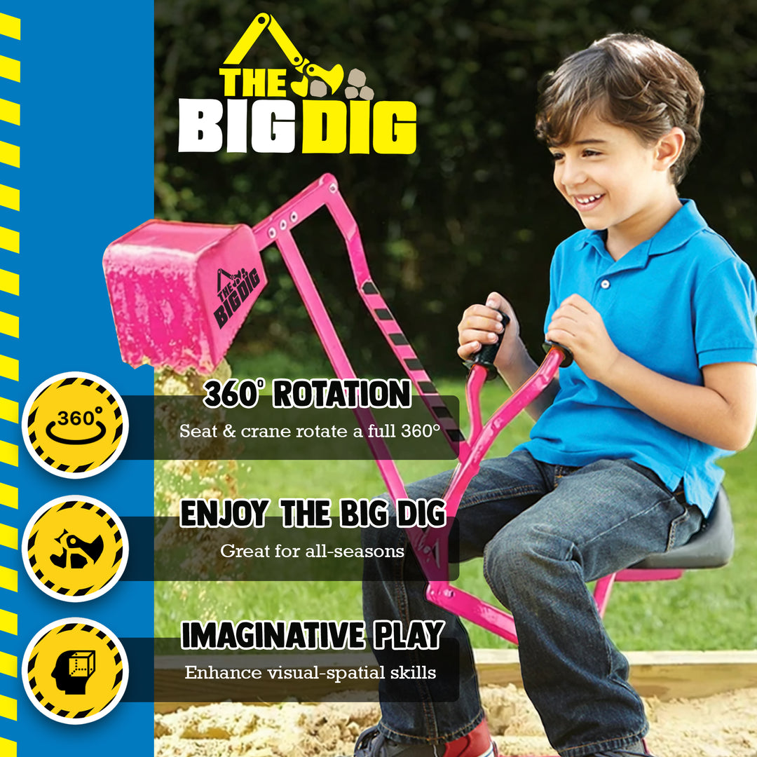 The Big Dig Ride-On Excavator Sandbox Digger, Metal Toy, 360-Degree Seat, Pink - VMInnovations