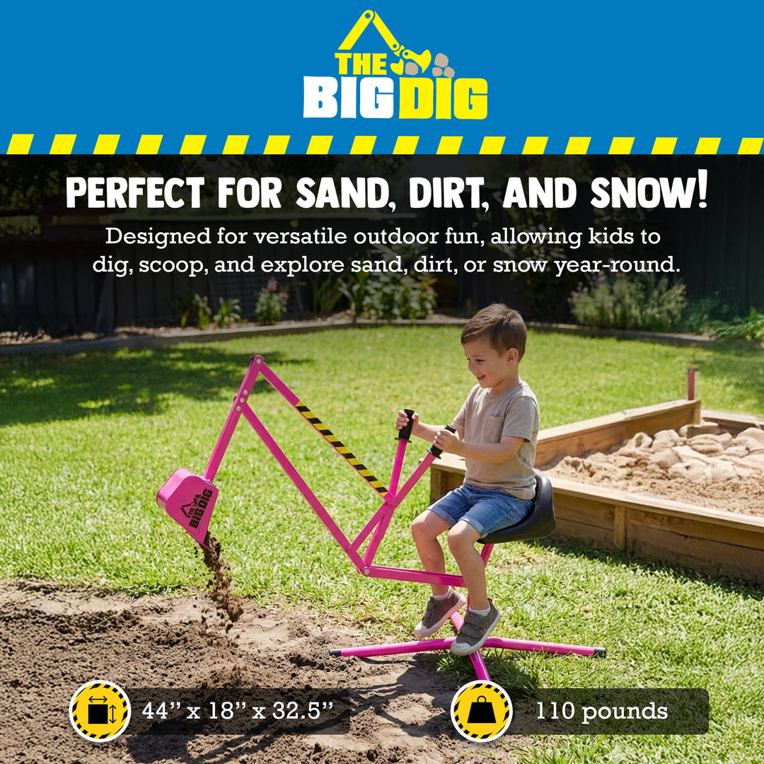 The Big Dig Ride-On Excavator Sandbox Digger, Metal Toy, 360-Degree Seat, Pink - VMInnovations