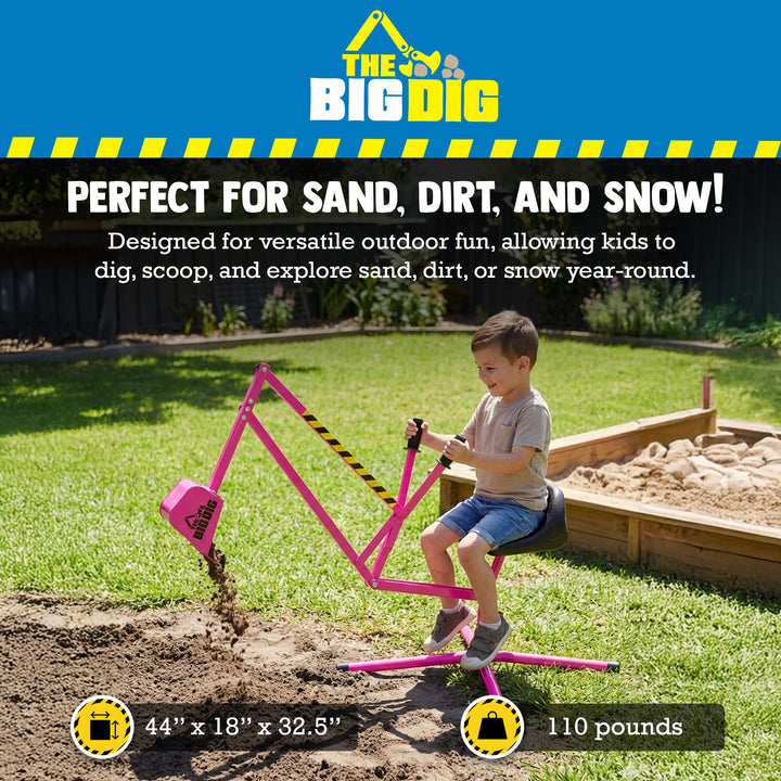 The Big Dig Ride-On Excavator Sandbox Digger, Metal Toy, 360-Degree Seat, Pink - VMInnovations