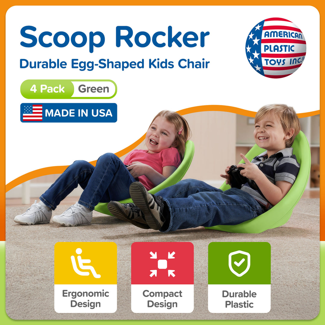 American Plastic Toys 4 Pack Scoop Rocker, Durable Egg-Shaped Kids Chair, Green