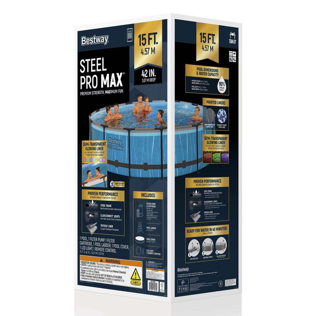 Bestway Steel Pro MAX 15'x48" Metal Frame Above Ground Pool Set & LED Light - VMInnovations